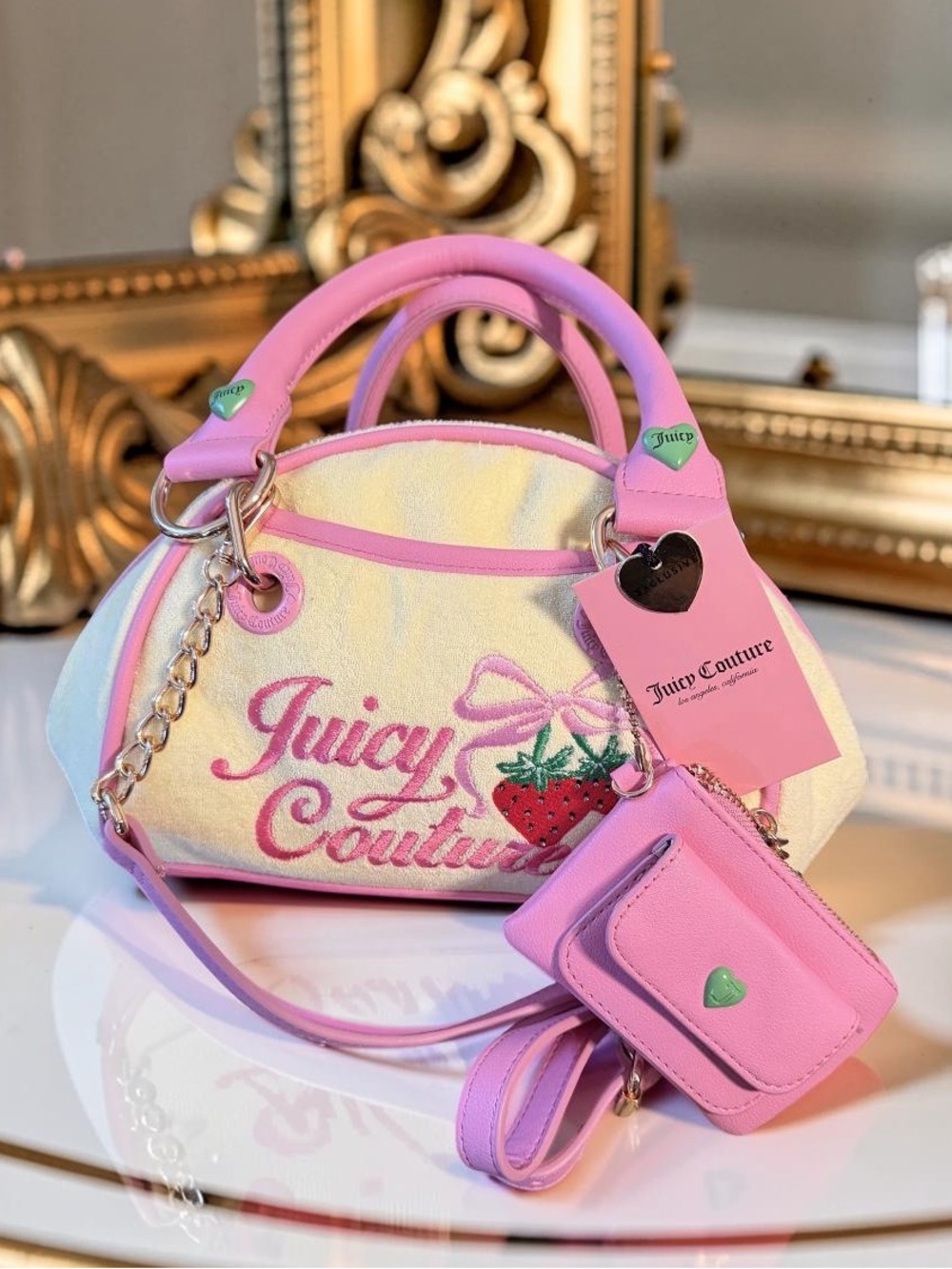 Juicy Couture NWT Classic Juicy Yellow & Pink Satchel with Pink Logo (P250)